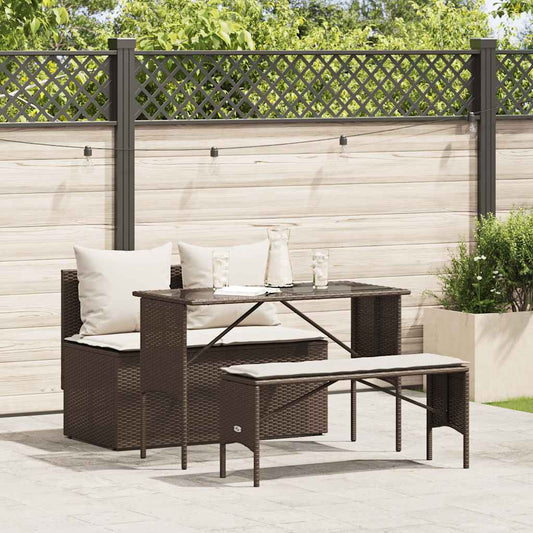 3-tlg. Garten-Essgruppe mit Kissen Braun Poly Rattan