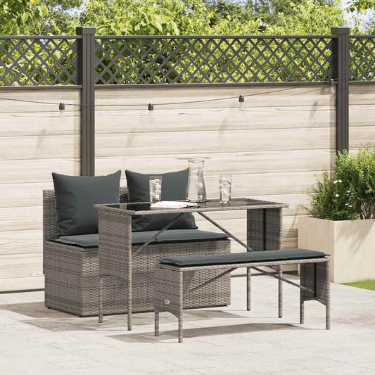 3-tlg. Garten-Essgruppe mit Kissen Grau Poly Rattan