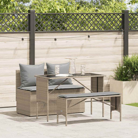 3-tlg. Garten-Essgruppe mit Kissen Beige Poly Rattan