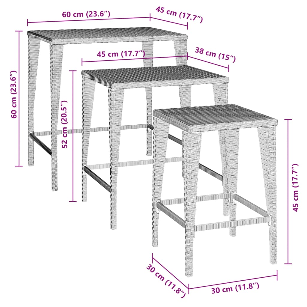 Garten-Satztische 3 Stk. Braun Poly Rattan