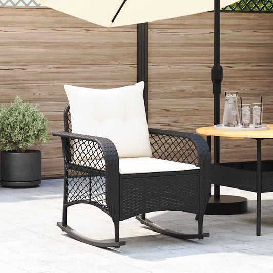 Garten-Schaukelstuhl mit Kissen Schwarz Poly Rattan