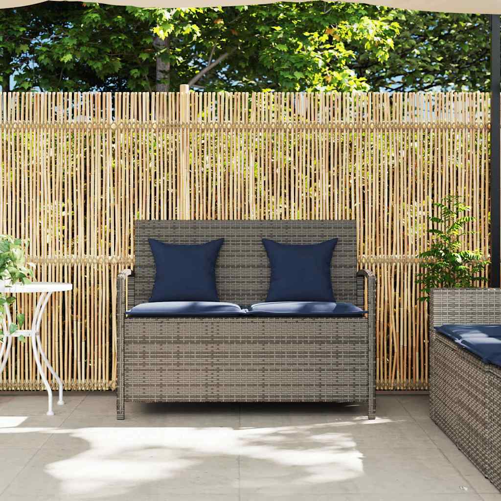 Gartenbank mit Stauraum und Kissen Grau Poly Rattan