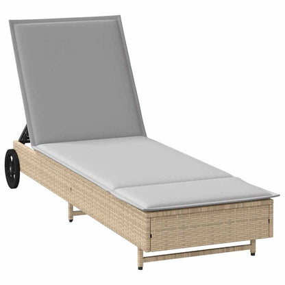 Sonnenliege mit Rollen und Auflage Beige Poly Rattan