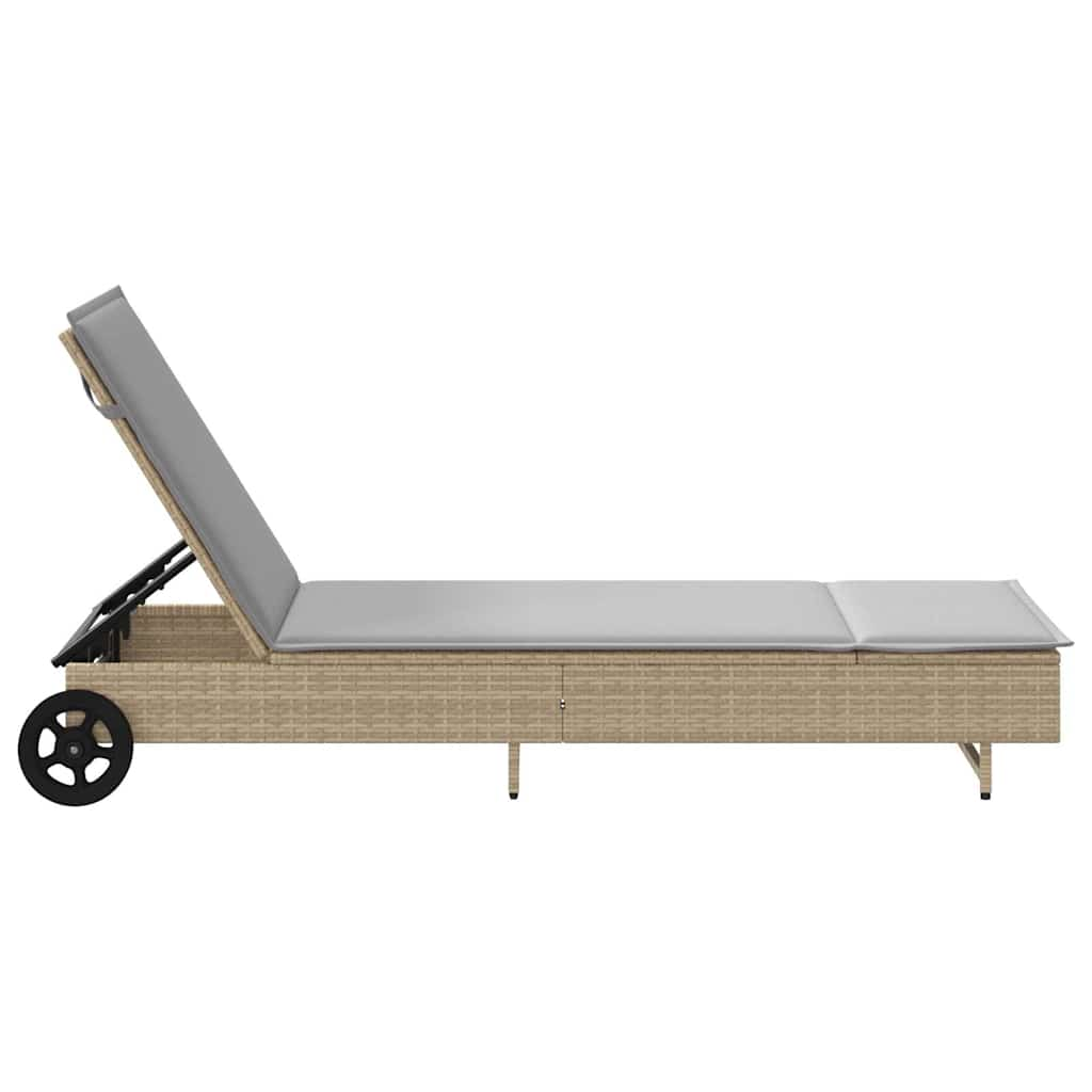 Sonnenliege mit Rollen und Auflage Beige Poly Rattan