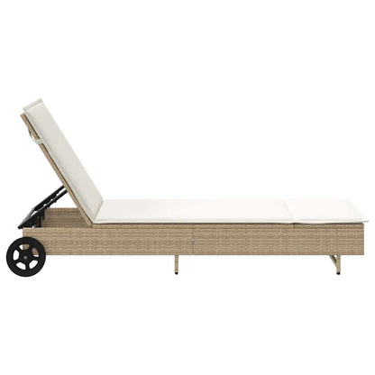 Sonnenliege mit Rollen und Auflage Beige Poly Rattan