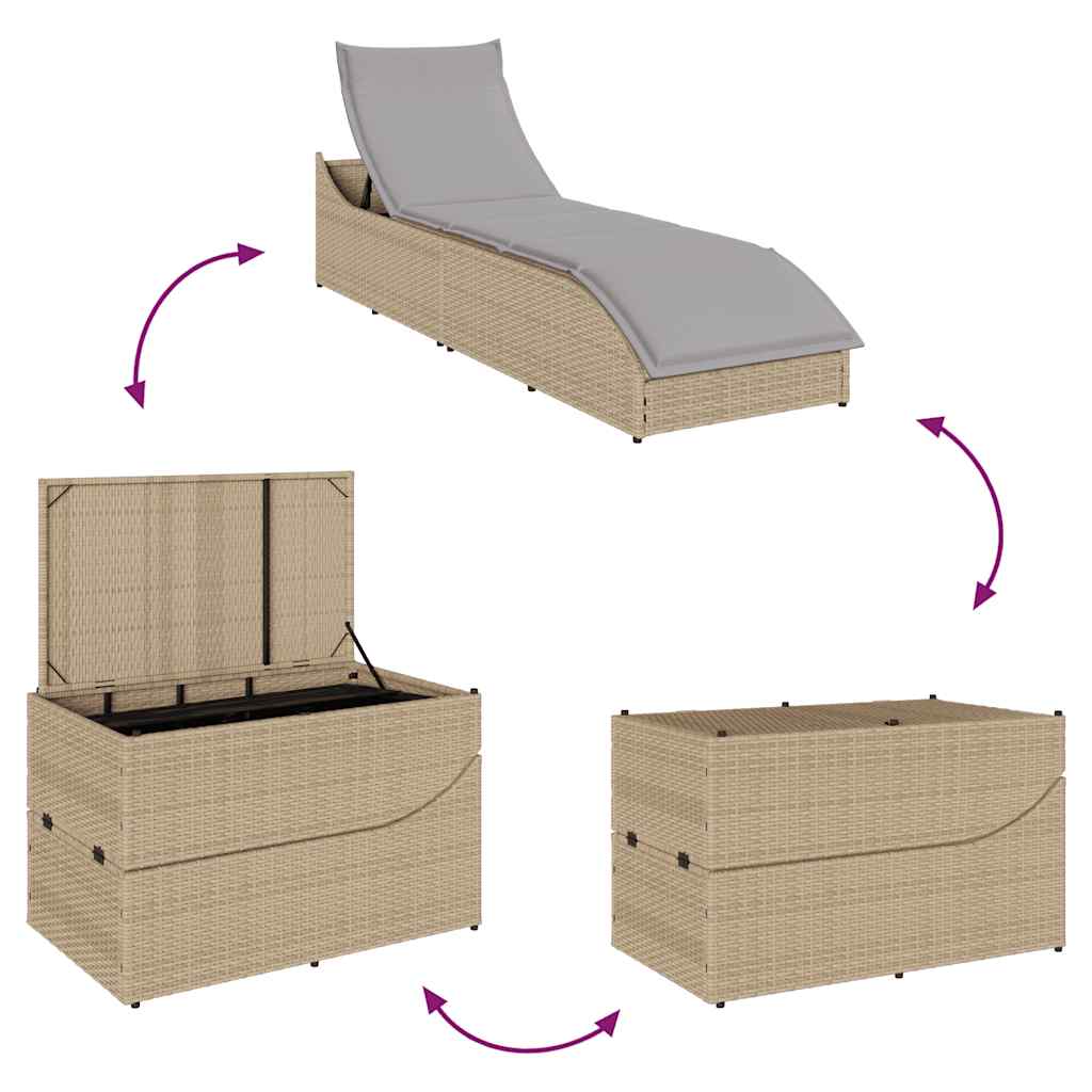 Klappliege mit Auflage und Stauraum Beige Poly-Rattan