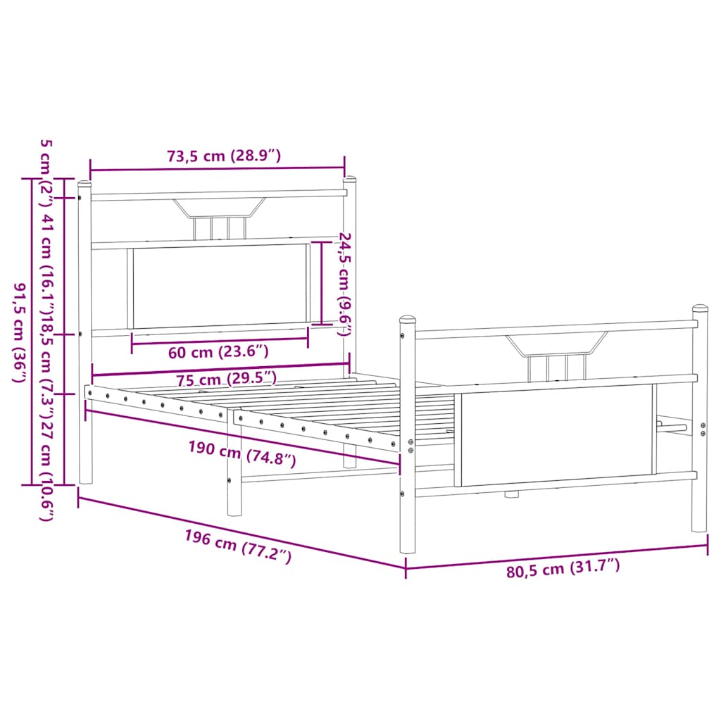 Bettgestell ohne Matratze Braun Eiche 75x190 cm Holzwerkstoff