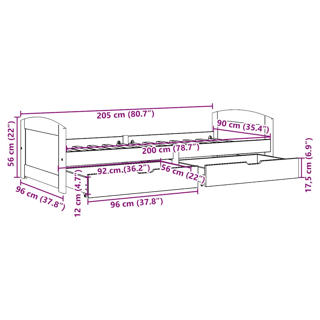 Tagesbett mit 2 Schubladen ohne Matratze Weiß Rosa 90x200cm