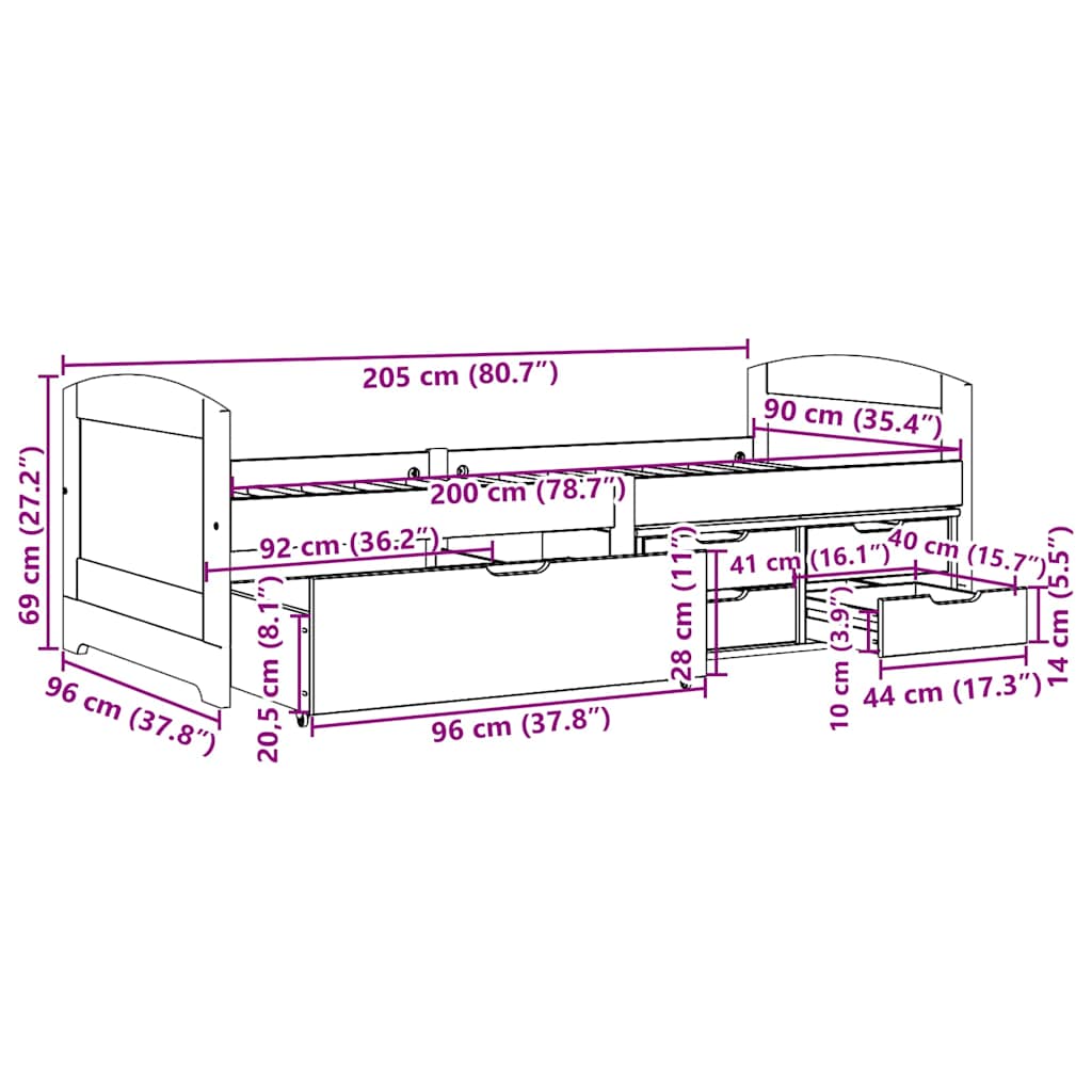 Tagesbett mit 5 Schubladen ohne Matratze IRUN Schwarz 90x200cm