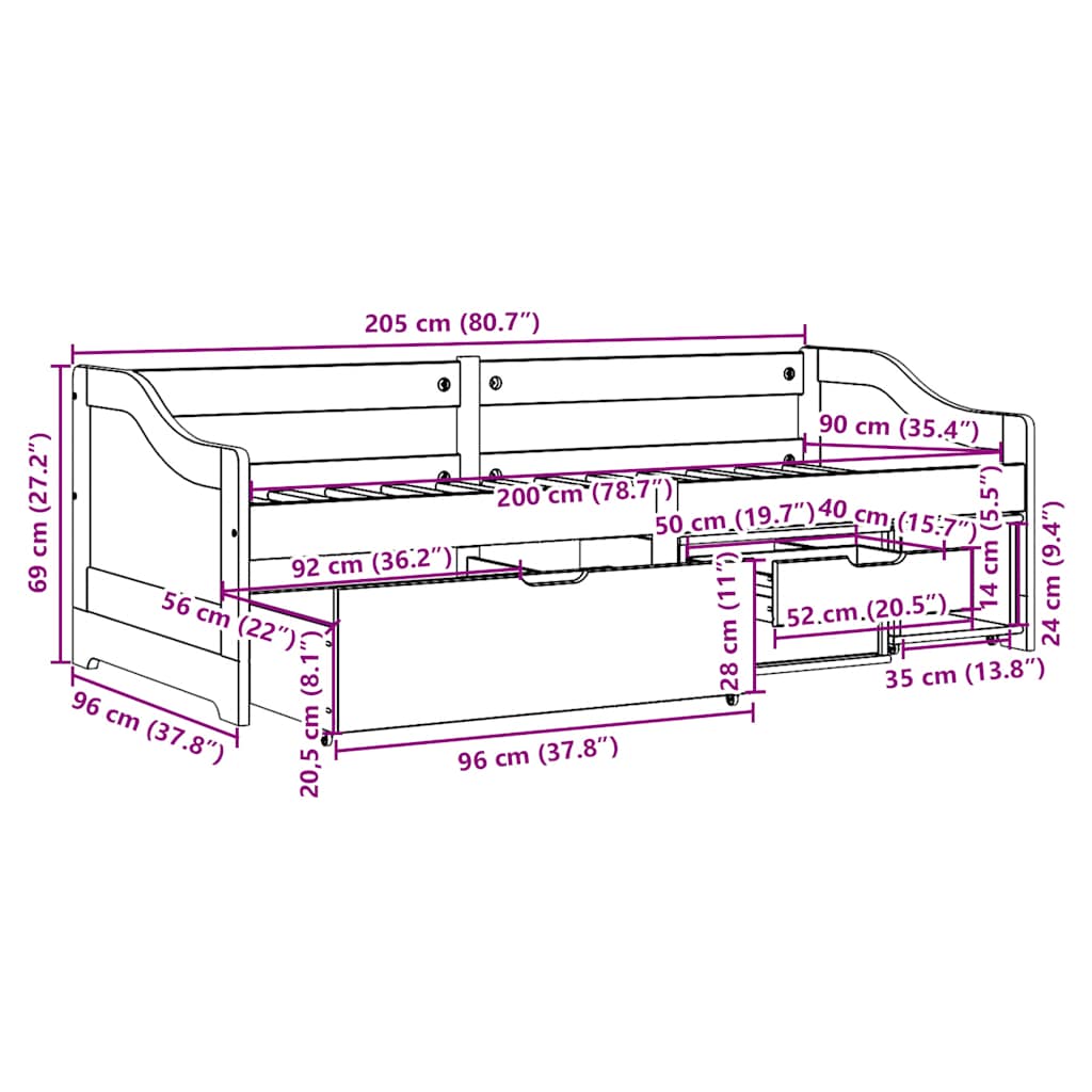 Tagesbett mit 3 Schubladen ohne Matratze IRUN Schwarz 90x200cm