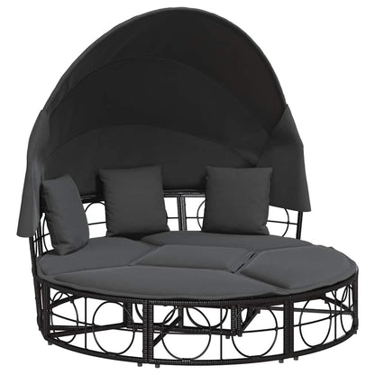 Outdoor-Loungebett mit Dach und Kissen Schwarz Poly Rattan