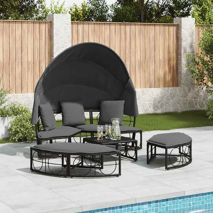 Outdoor-Loungebett mit Dach und Kissen Schwarz Poly Rattan