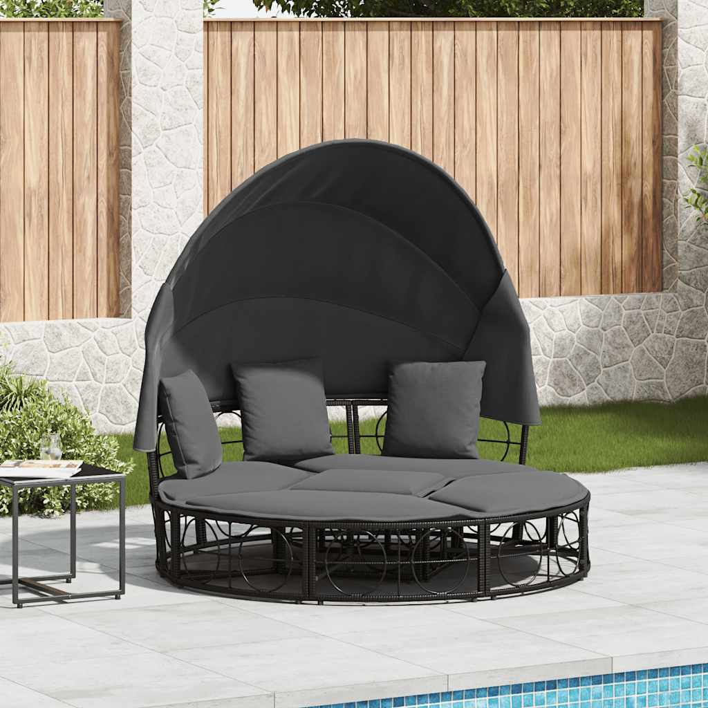 Outdoor-Loungebett mit Dach und Kissen Schwarz Poly Rattan