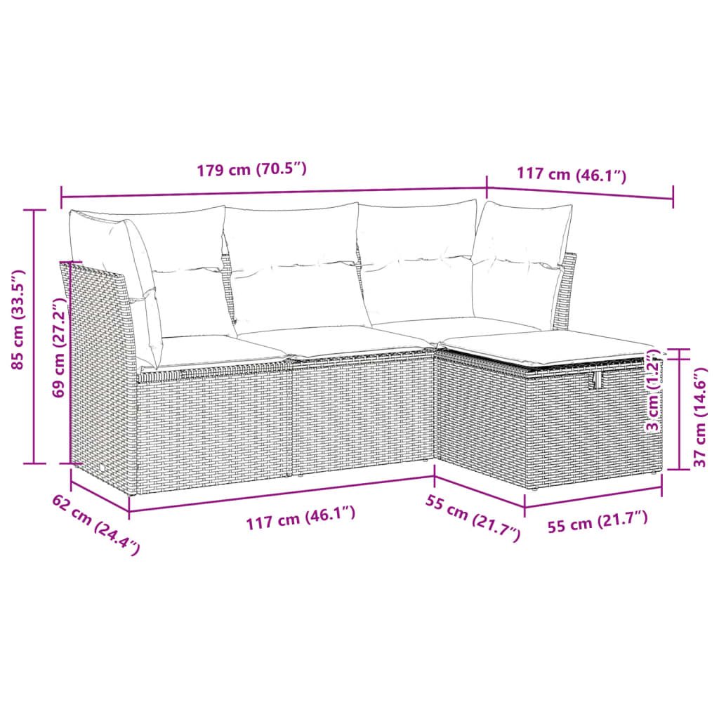 4-tlg. Garten-Sofagarnitur mit Kissen Schwarz Poly Rattan