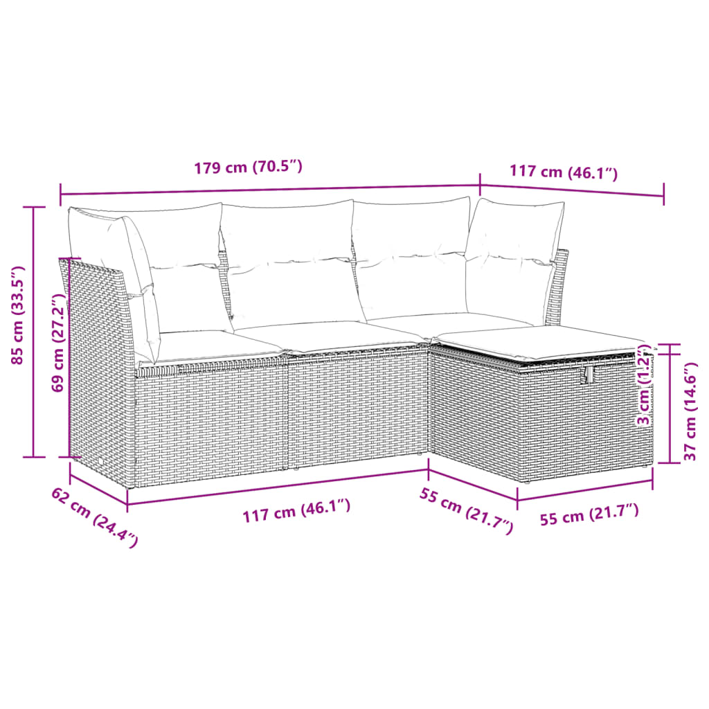 4-tlg. Garten-Sofagarnitur mit Kissen Braun Poly Rattan