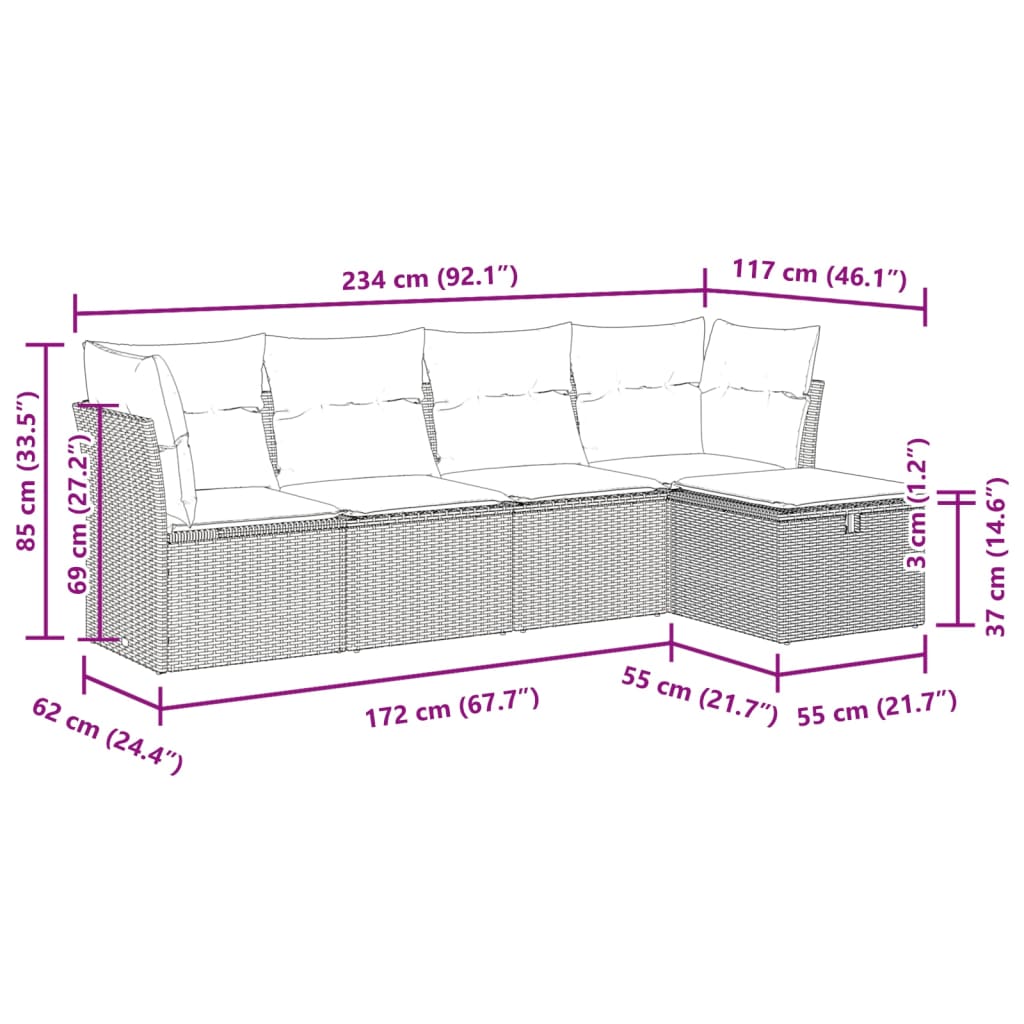 5-tlg. Garten-Sofagarnitur mit Kissen Grau Poly Rattan