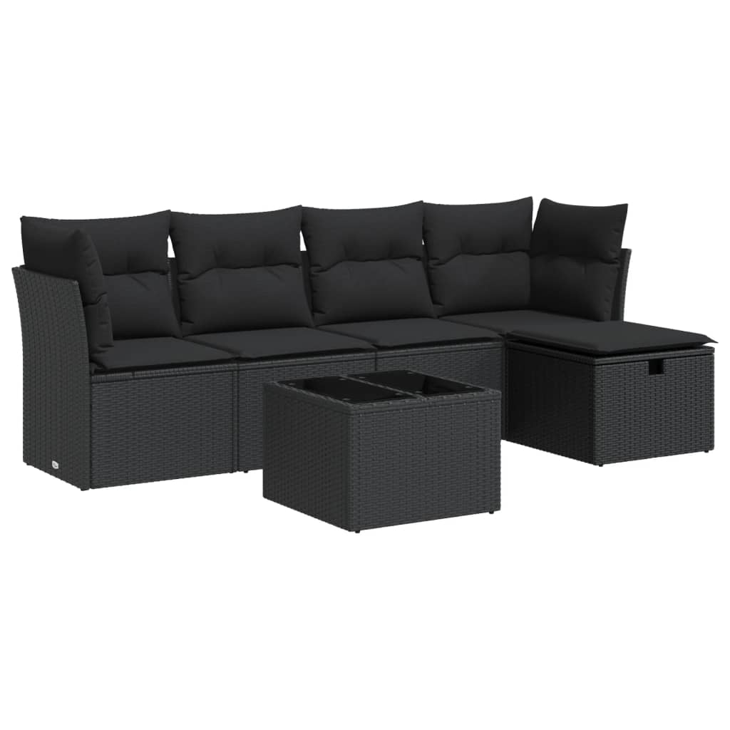 6-tlg. Garten-Sofagarnitur mit Kissen Schwarz Poly Rattan