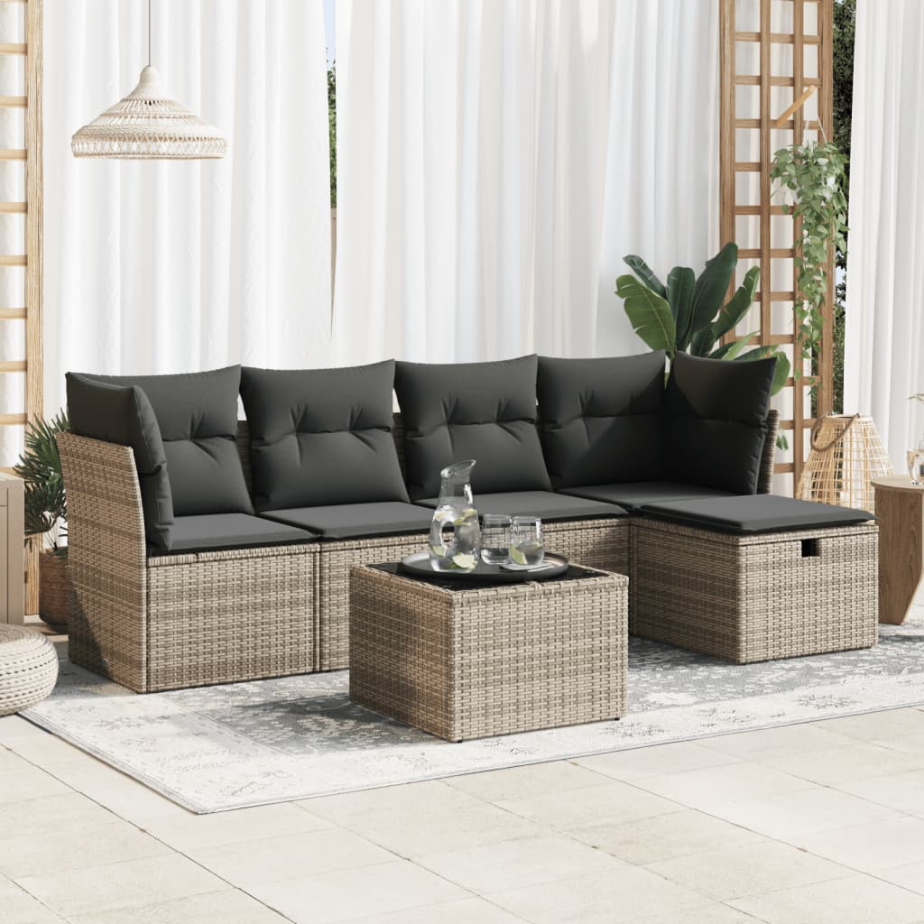 6-tlg. Garten-Sofagarnitur mit Kissen Grau Poly Rattan