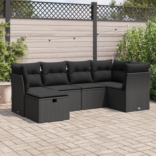 6-tlg. Garten-Sofagarnitur mit Kissen Schwarz Poly Rattan