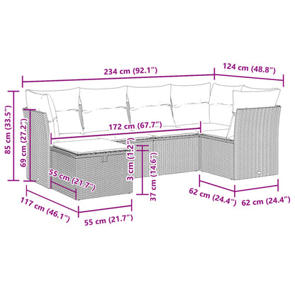 6-tlg. Garten-Sofagarnitur mit Kissen Grau Poly Rattan