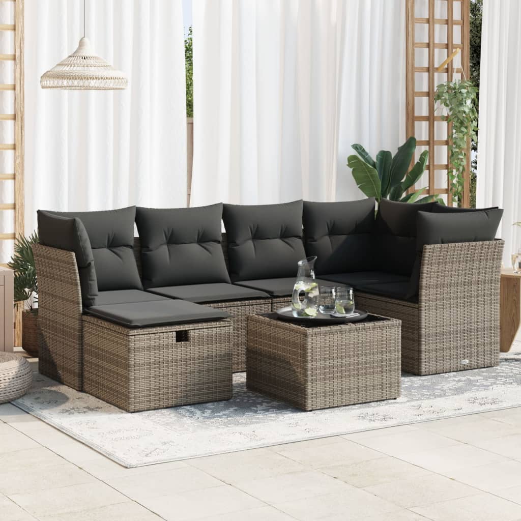 7-tlg. Garten-Sofagarnitur mit Kissen Grau Poly Rattan