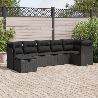 7-tlg. Garten-Sofagarnitur mit Kissen Schwarz Poly Rattan