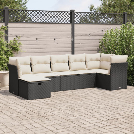 7-tlg. Garten-Sofagarnitur mit Kissen Schwarz Poly Rattan