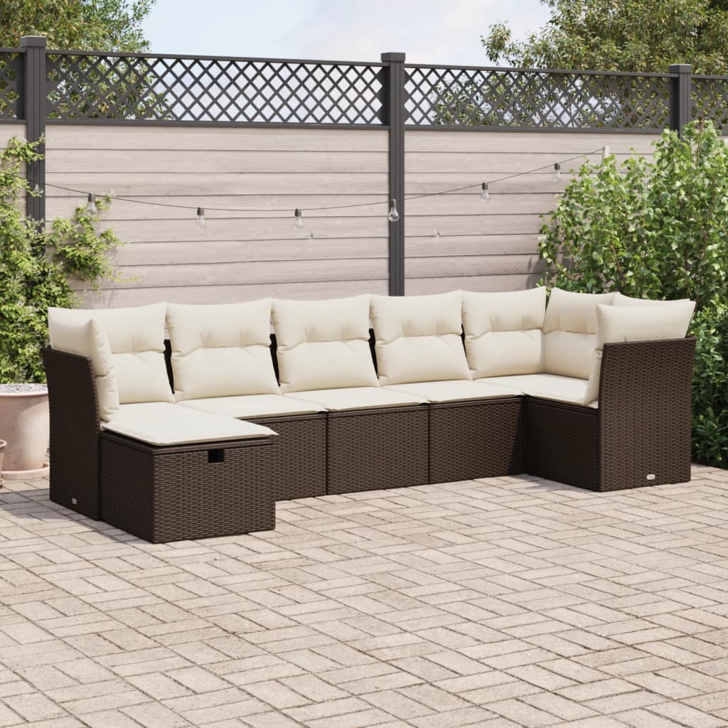 7-tlg. Garten-Sofagarnitur mit Kissen Braun Poly Rattan