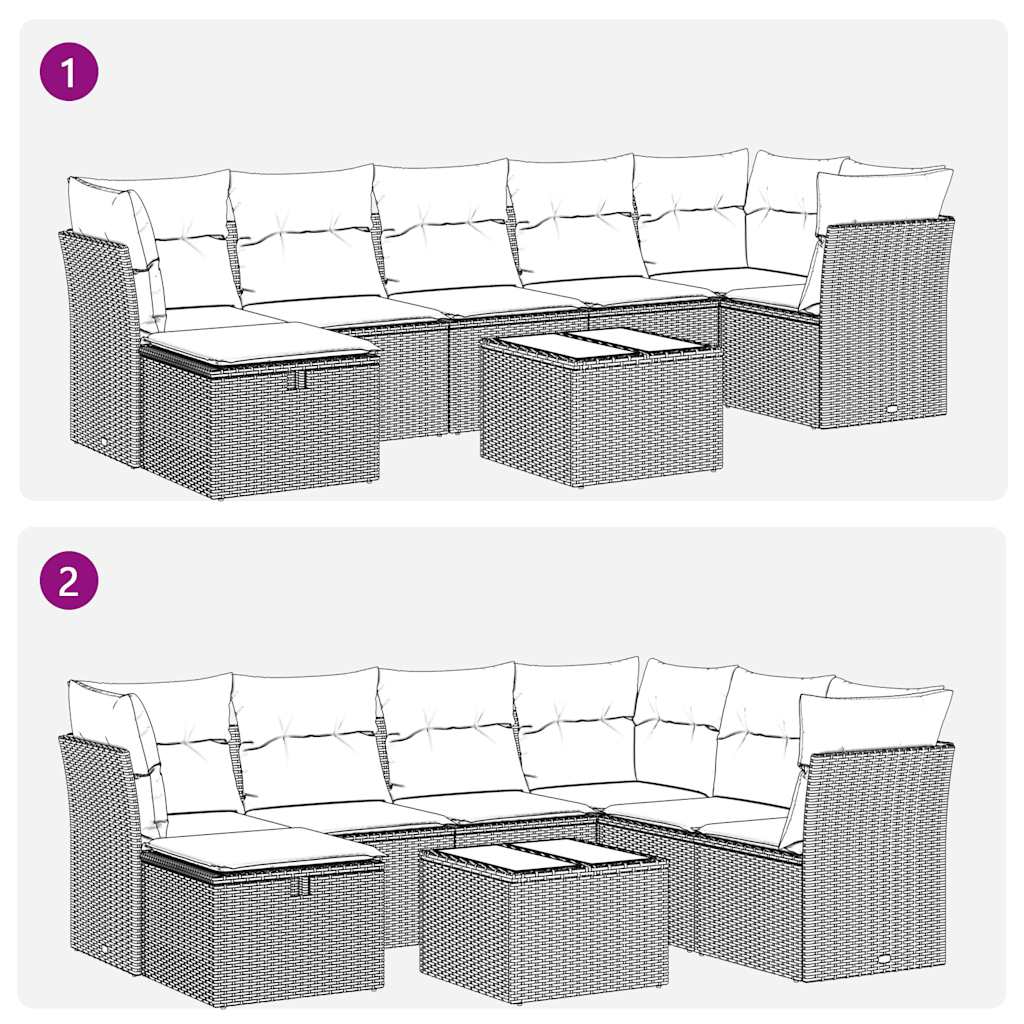 8-tlg. Garten-Sofagarnitur mit Kissen Hellgrau Poly Rattan