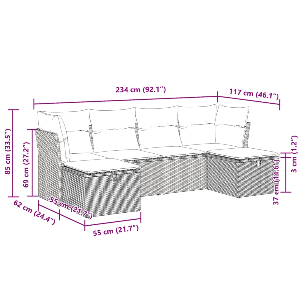 6-tlg. Garten-Sofagarnitur mit Kissen Grau Poly Rattan