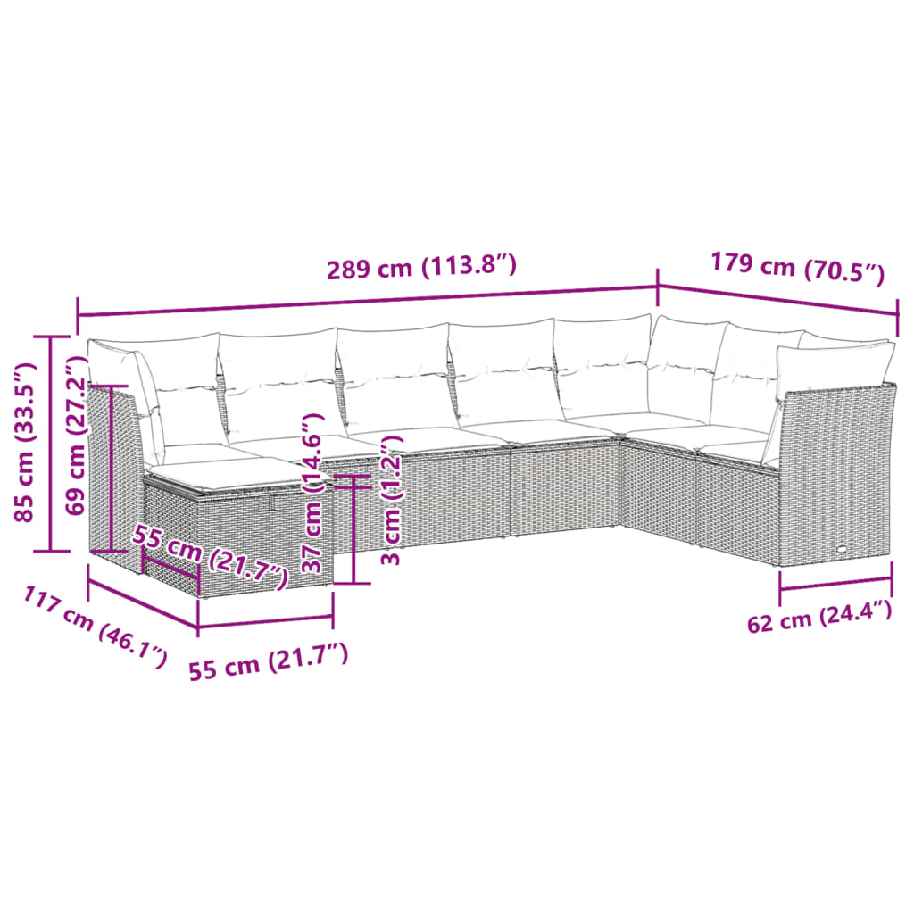 8-tlg. Garten-Sofagarnitur mit Kissen Grau Poly Rattan