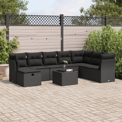 9-tlg. Garten-Sofagarnitur mit Kissen Schwarz Poly Rattan