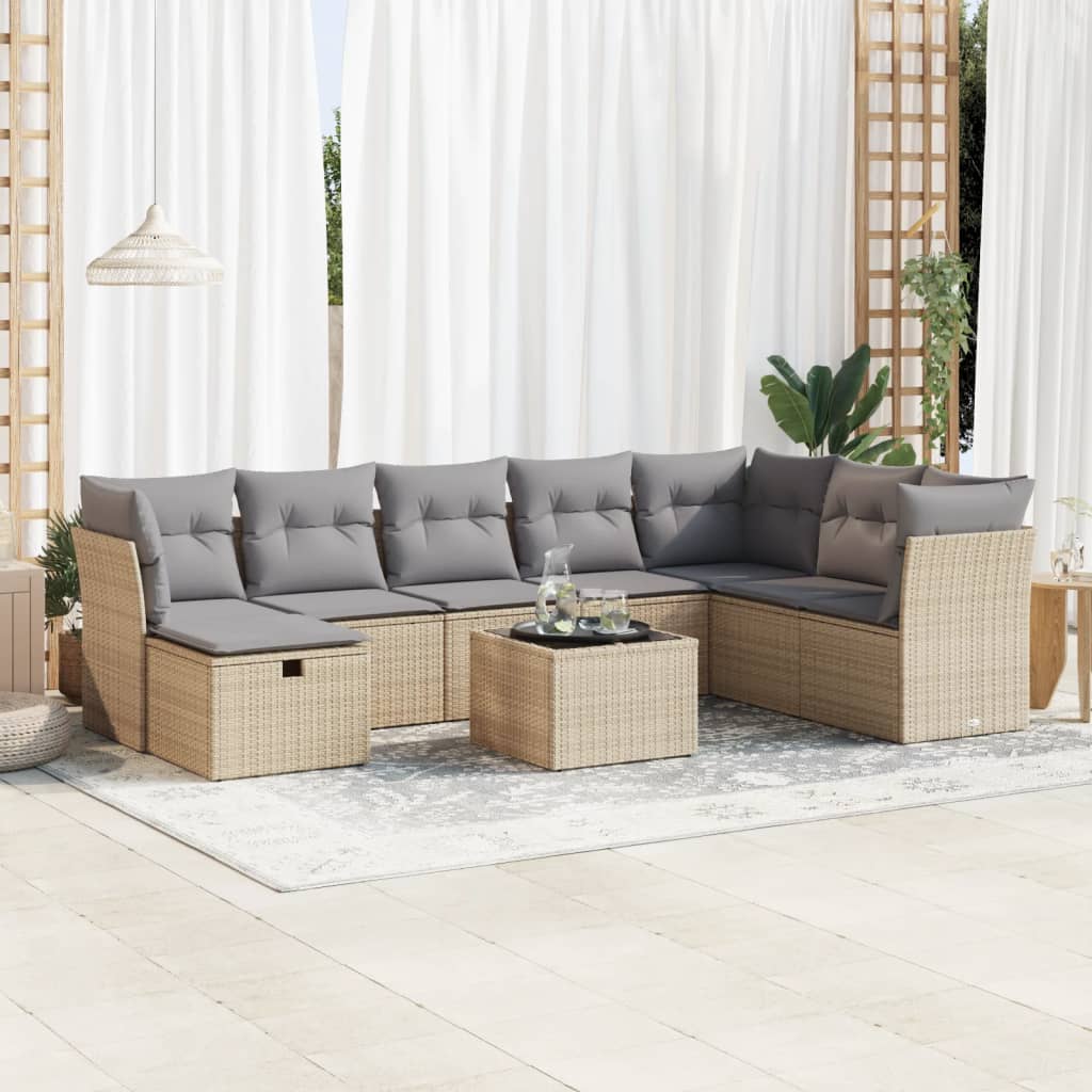 9-tlg. Garten-Sofagarnitur mit Kissen Beige Poly Rattan