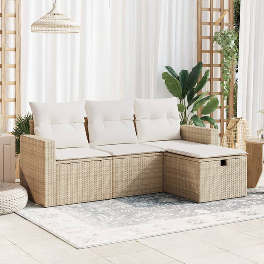 4-tlg. Garten-Sofagarnitur mit Kissen Beige Poly Rattan