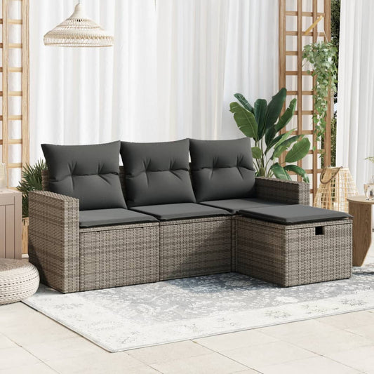 4-tlg. Garten-Sofagarnitur mit Kissen Grau Poly Rattan