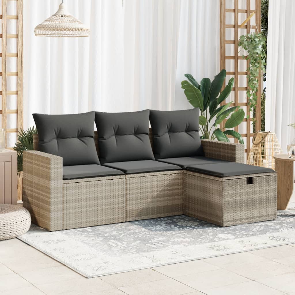 4-tlg. Garten-Sofagarnitur mit Kissen Hellgrau Poly Rattan