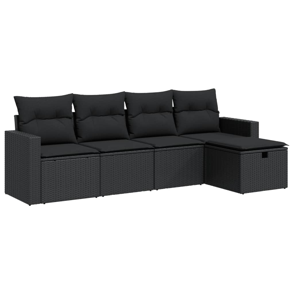 5-tlg. Garten-Sofagarnitur mit Kissen Schwarz Poly Rattan