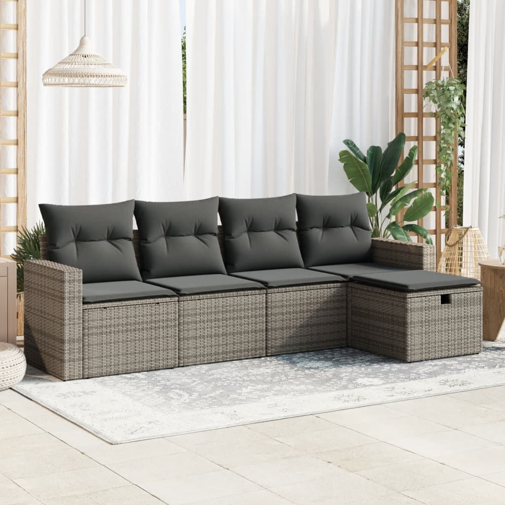 5-tlg. Garten-Sofagarnitur mit Kissen Grau Poly Rattan