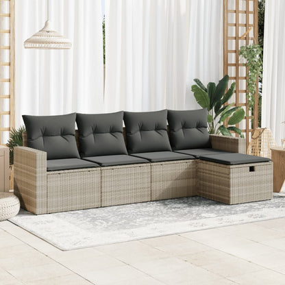 5-tlg. Garten-Sofagarnitur mit Kissen Hellgrau Poly Rattan