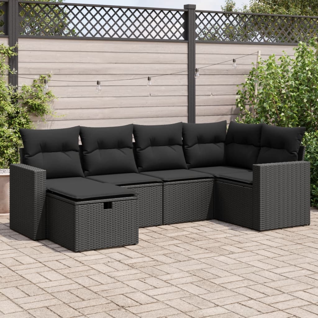 6-tlg. Garten-Sofagarnitur mit Kissen Schwarz Poly Rattan