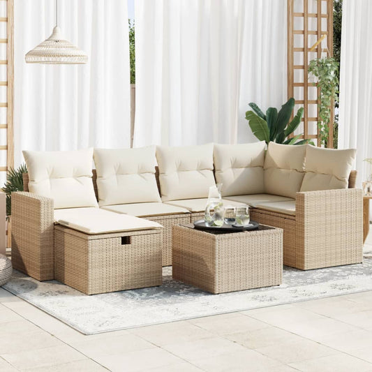 7-tlg. Garten-Sofagarnitur mit Kissen Beige Poly Rattan