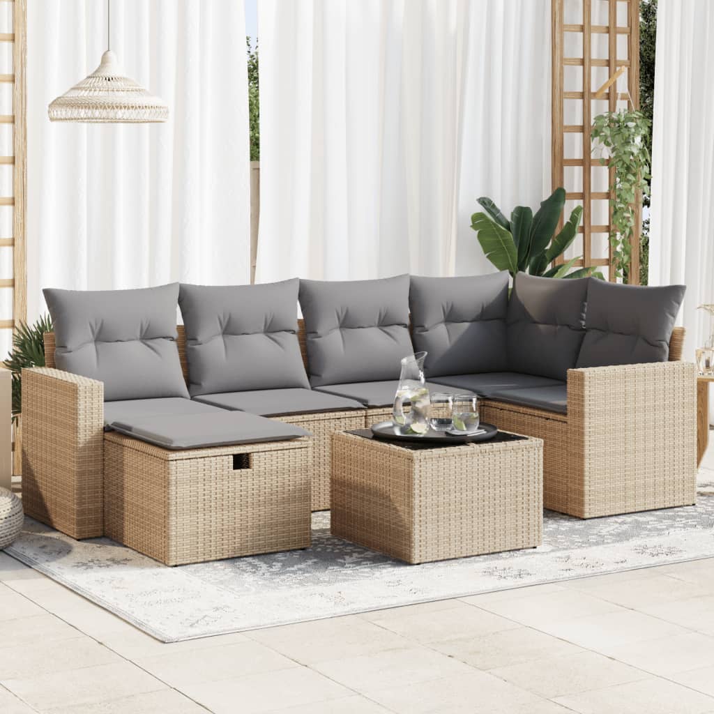 7-tlg. Garten-Sofagarnitur mit Kissen Beige Poly Rattan