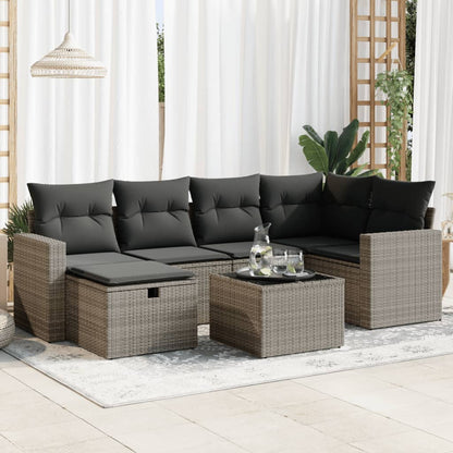 7-tlg. Garten-Sofagarnitur mit Kissen Grau Poly Rattan