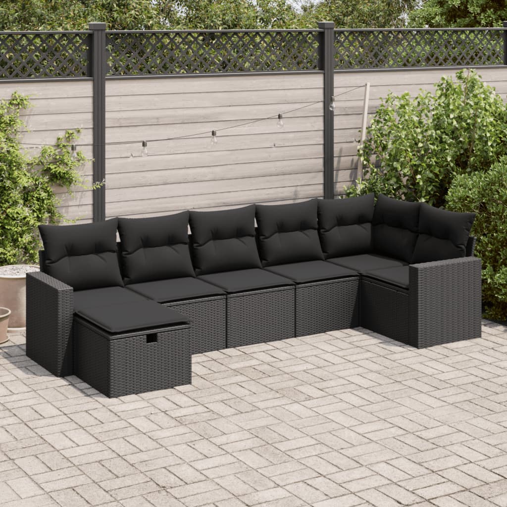 7-tlg. Garten-Sofagarnitur mit Kissen Schwarz Poly Rattan