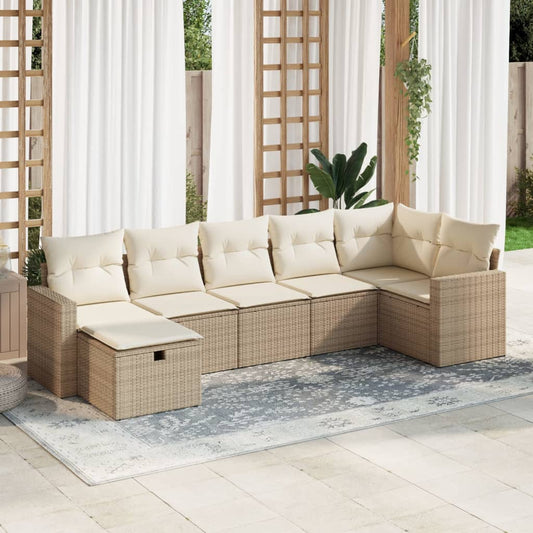 7-tlg. Garten-Sofagarnitur mit Kissen Beige Poly Rattan