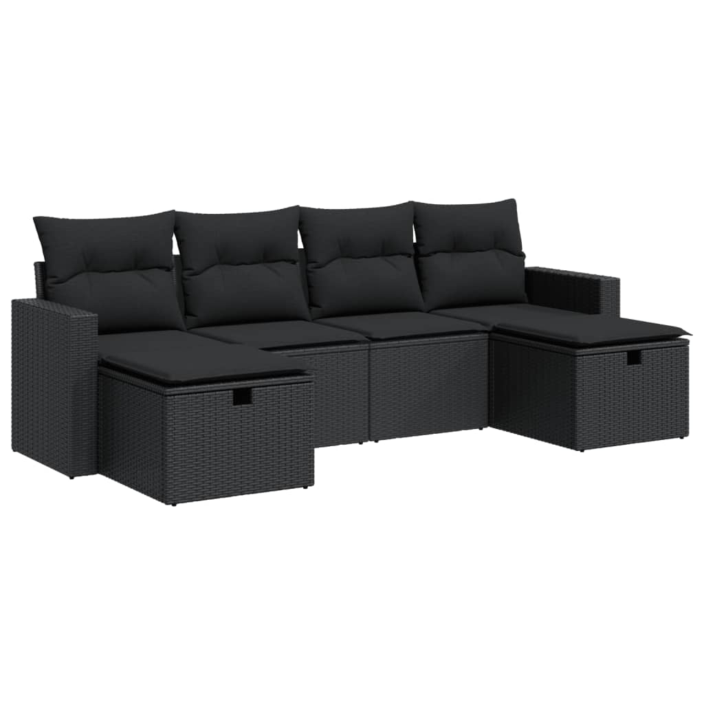 6-tlg. Garten-Sofagarnitur mit Kissen Schwarz Poly Rattan