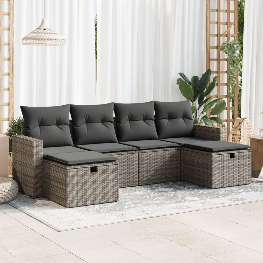 6-tlg. Garten-Sofagarnitur mit Kissen Grau Poly Rattan