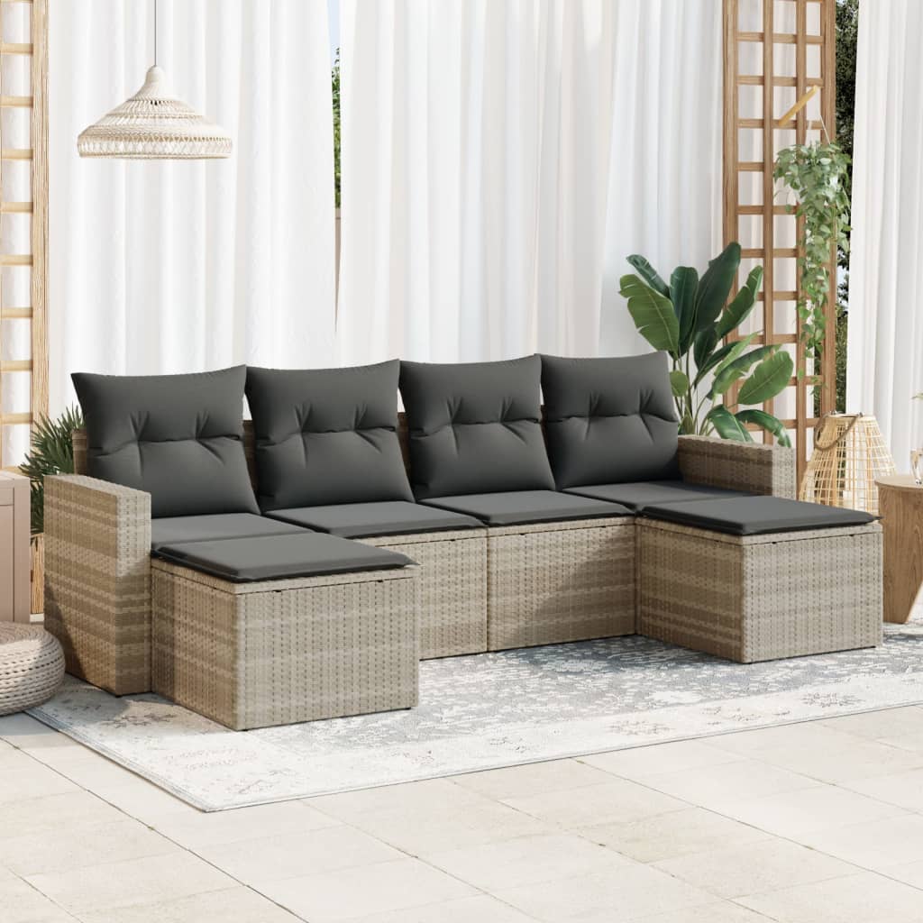 6-tlg. Garten-Sofagarnitur mit Kissen Hellgrau Poly Rattan