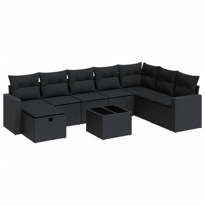 9-tlg. Garten-Sofagarnitur mit Kissen Schwarz Poly Rattan