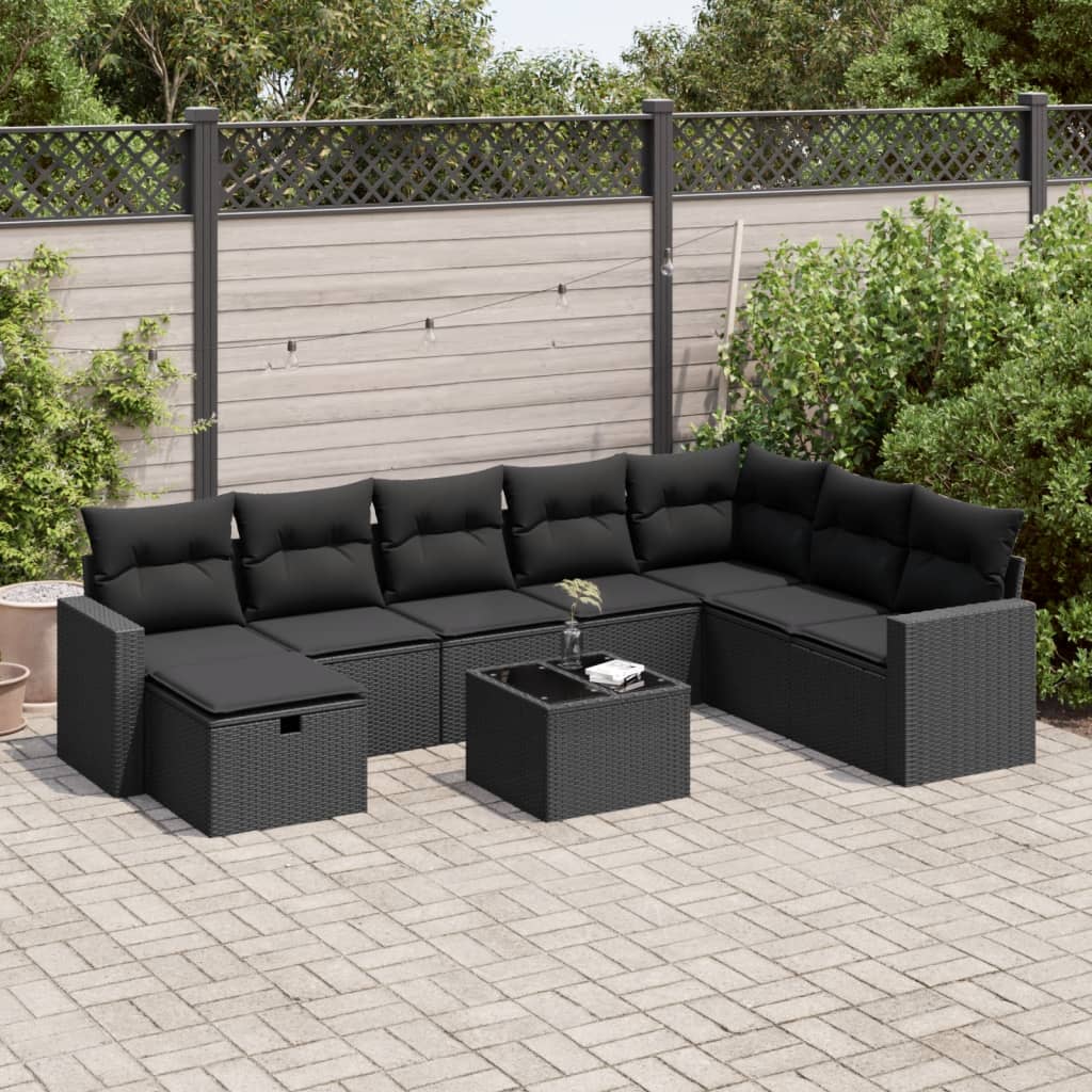 9-tlg. Garten-Sofagarnitur mit Kissen Schwarz Poly Rattan